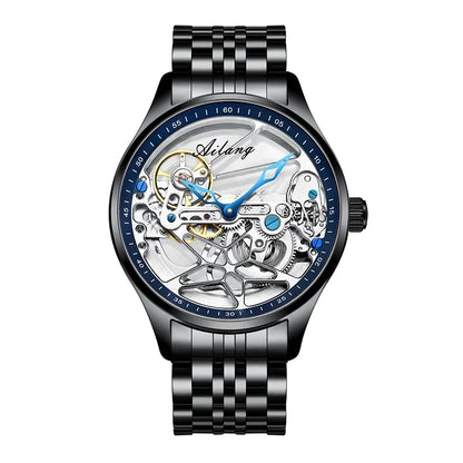 AILANG NEW Skeleton Automatic Movement Watch For Men Mechanical Luxury Black Steel Watches Mens Horloge Tourbillon 2023