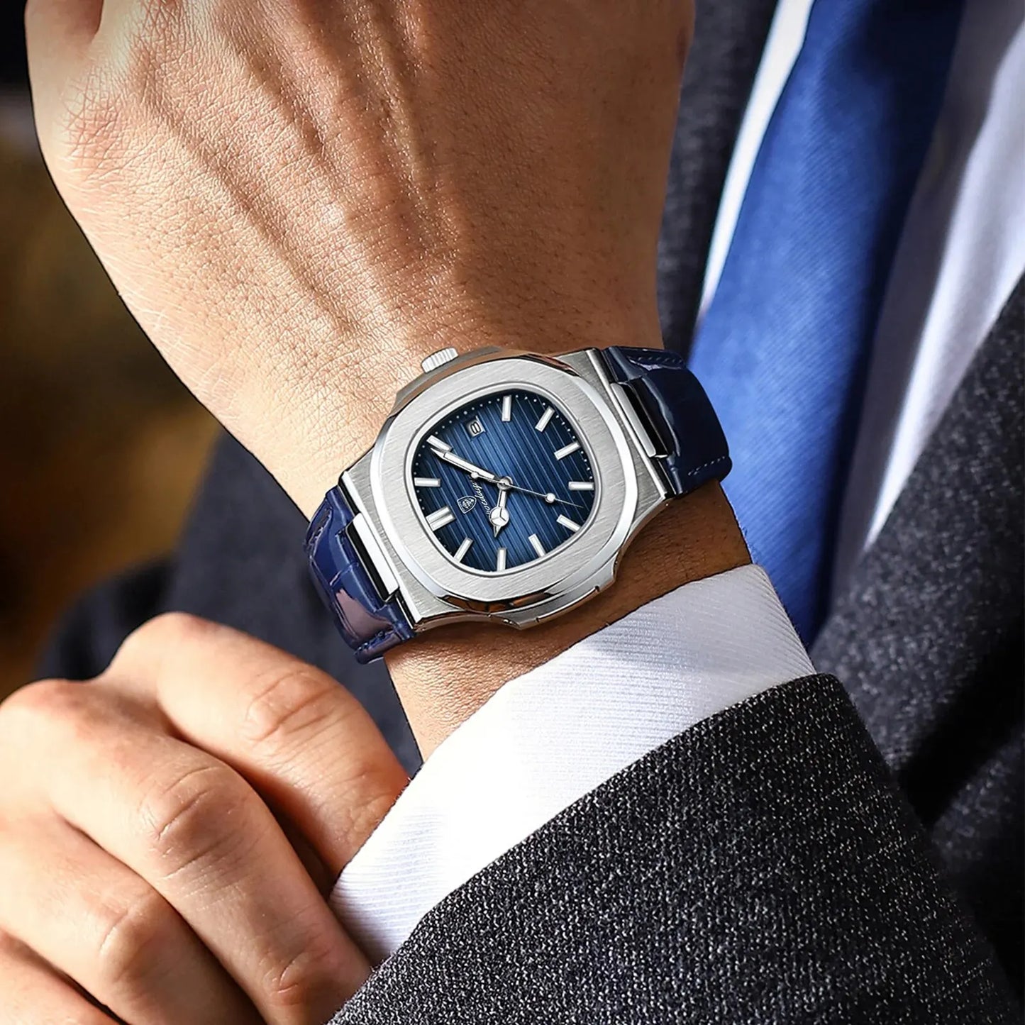 POEDAGAR Montre Homme Carrée Luxe Date Étanche Lumineuse Qualité Supérieure Bracelet Cuir Montre-Bracelet Quartz Homme+Boîte Reloj