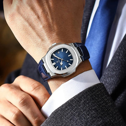 POEDAGAR Montre Homme Carrée Luxe Date Étanche Lumineuse Qualité Supérieure Bracelet Cuir Montre-Bracelet Quartz Homme+Boîte Reloj
