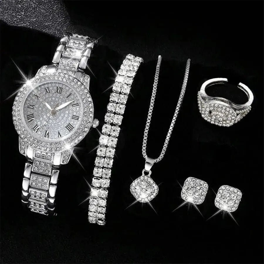 6 montres pour femme de luxe élégantes en alliage avec cristaux, bracelet en strass, montre à quartz, cadeau pour femme