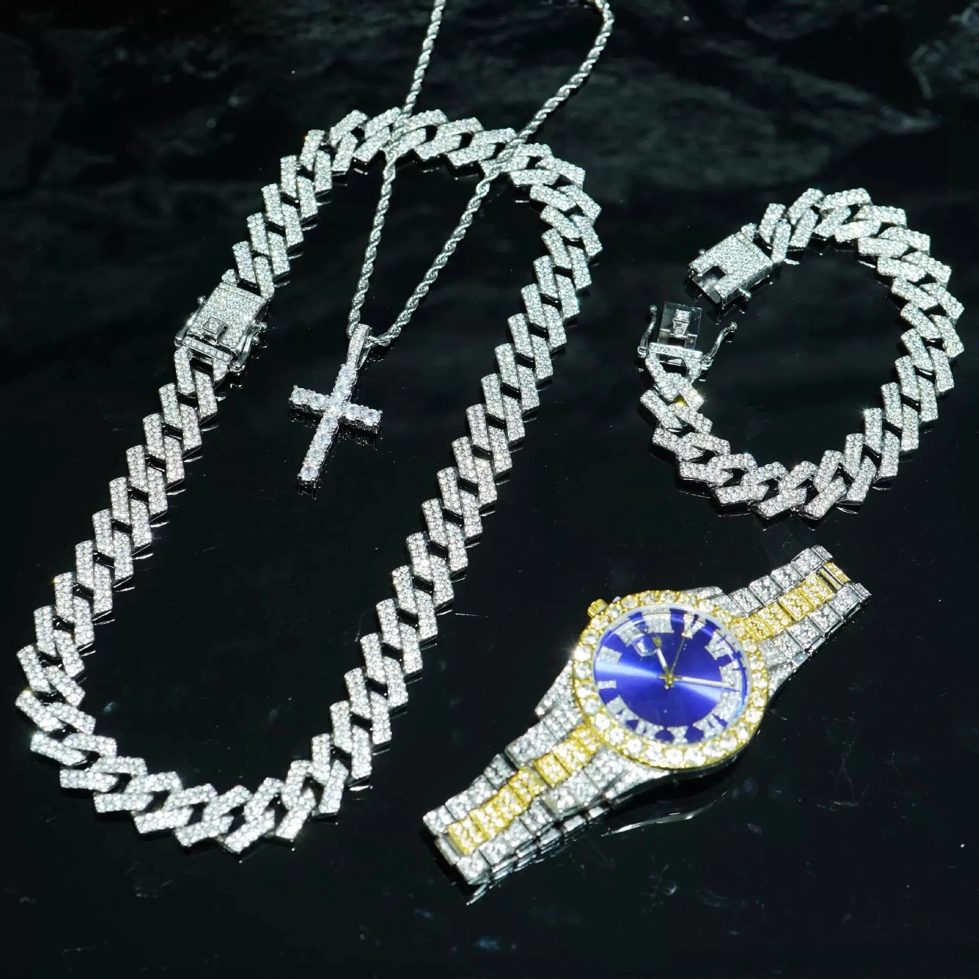 4pcs/set Mens Bling Wrist Watch & Hip Hop Cuban Chain Necklace Set - Rhinestone Accented, Round Dial, Electronic Quartz Movement