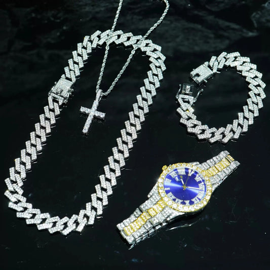 ChronoState Bling 4PCS Set – Hip Hop Quartz Watch & Cuban Chain Jewelry Collection