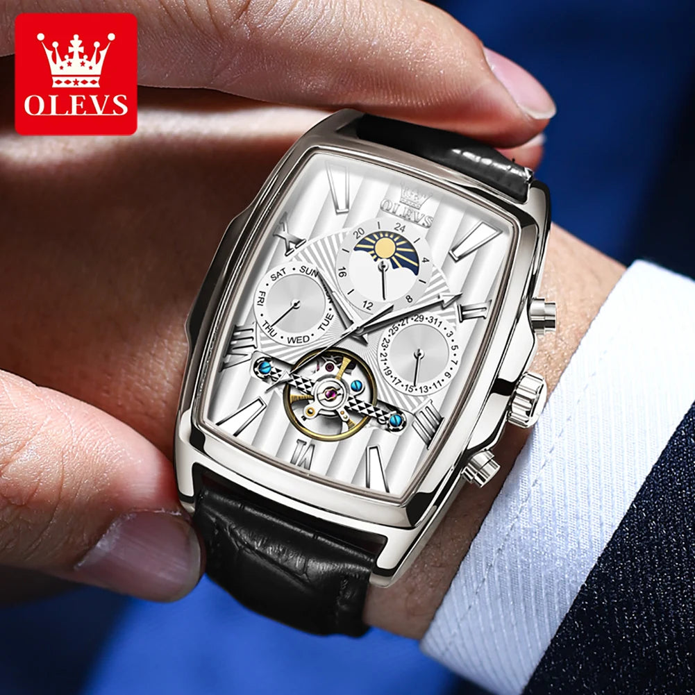 OLEVS 6675 Montre automatique originale pour homme, marque de luxe, cadran carré, phase de lune, volant ajouré, montre-bracelet mécanique pour homme