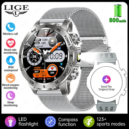 New 2026 Outdoor 800mAh Large Battery Smart Watch Men LED Flashlight Bluetooth Call Compass Sports Fitness Waterproof Smarwatch