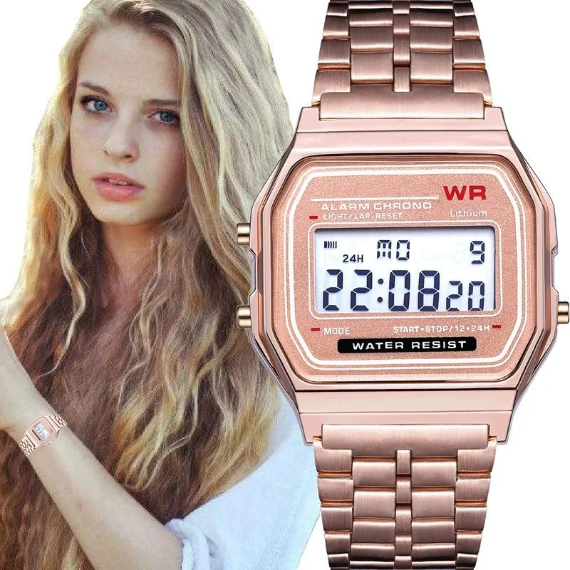 Montre-bracelet numérique LED sport multifonctionnelle avec bracelet en acier pour hommes et femmes, montre électronique professionnelle