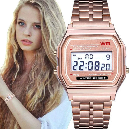 Montre-bracelet numérique LED sport multifonctionnelle avec bracelet en acier pour hommes et femmes, montre électronique professionnelle