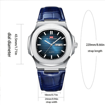 Montre Homme en Cuir Noir Boîtier Ovale Classique Argenté 40mm Double Calendrier Mouvement Quartz Étanche 3 ATM Montre Décontractée Sport pour Homme