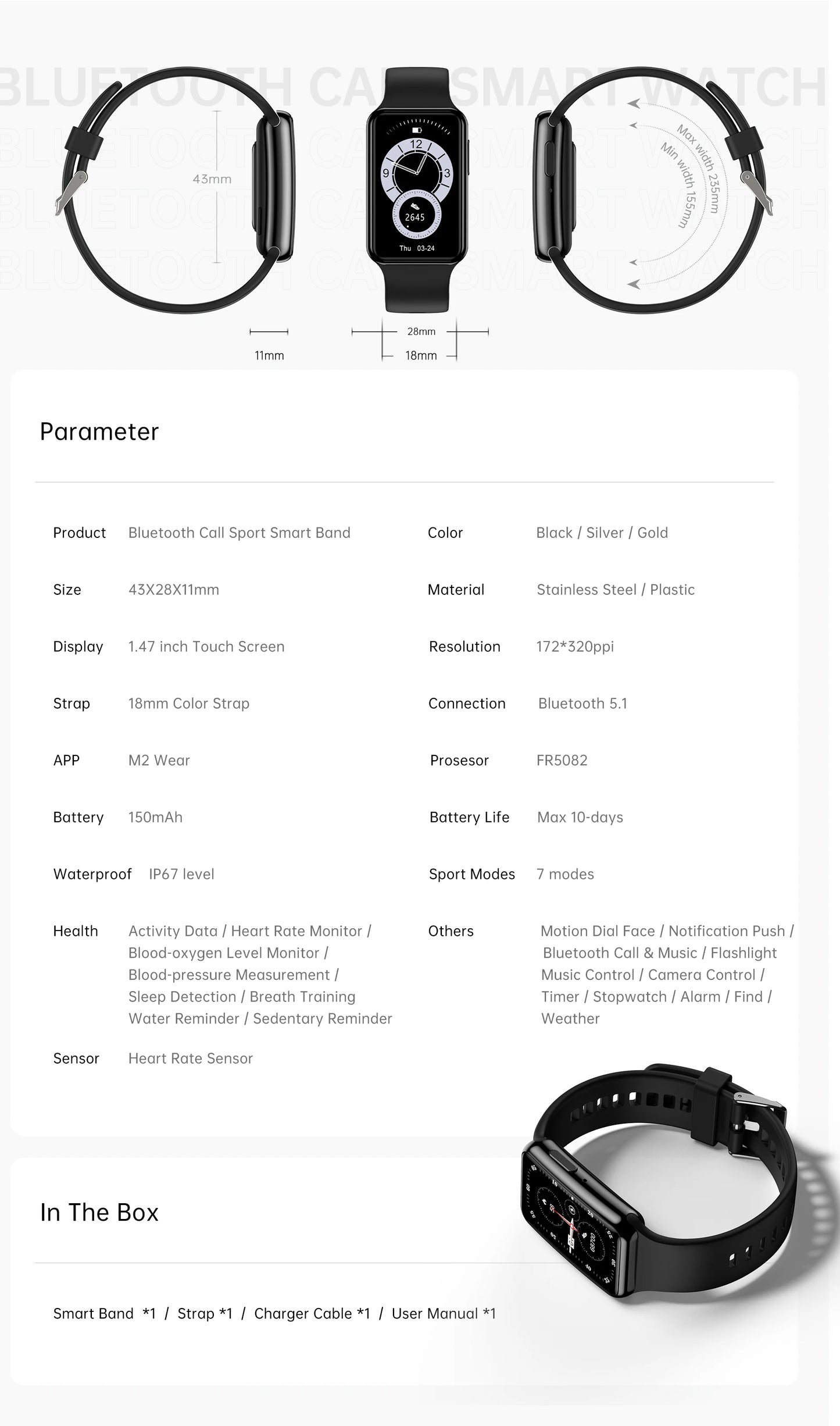 Bracelet intelligent 1,47 pouce avec appel BT, moniteur de fréquence cardiaque, tension artérielle, fitness, sport