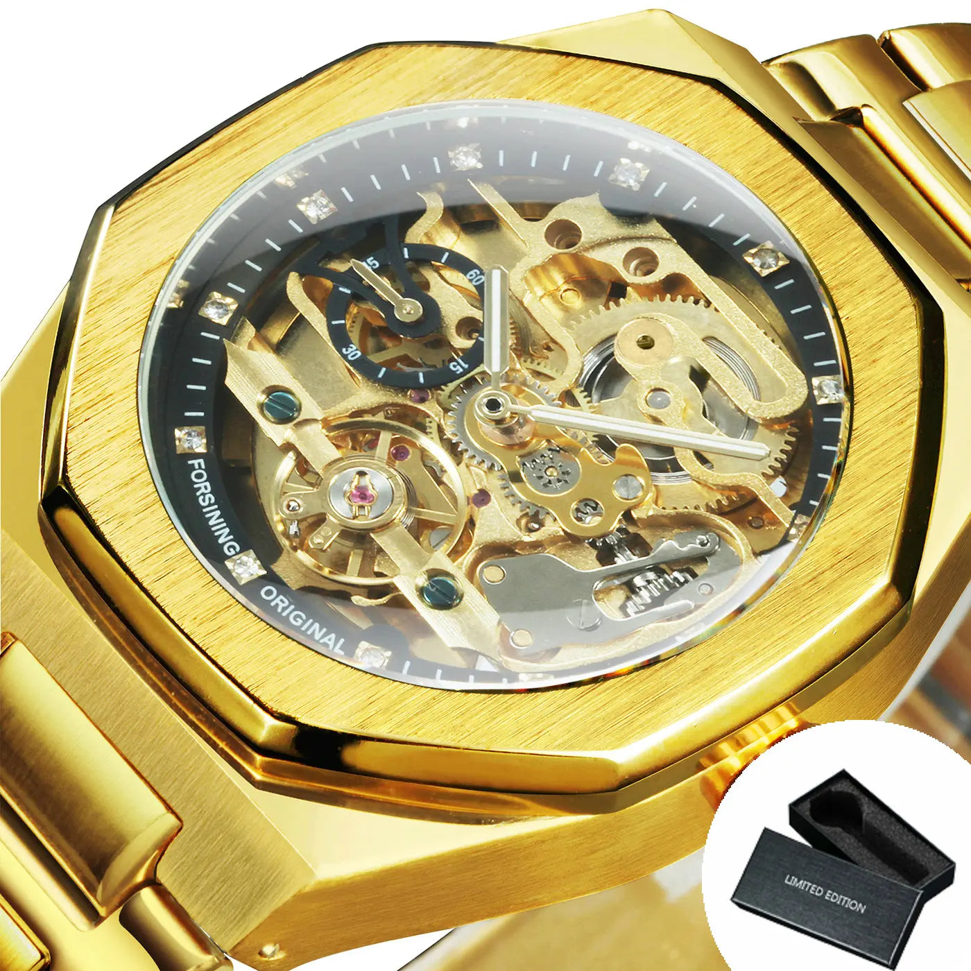 Forsining Montre automatique homme argentée 3D cadran diamanté Tourbillon irrégulier Squelette montres-bracelets mécaniques Aiguilles lumineuses Horloge