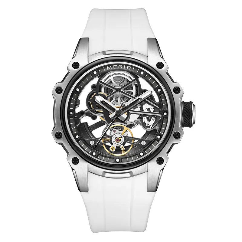 MEGIR Sports Automatic Mechanical Watch for Men Fashion Stainless Steel Cased Wristwatch with White Silicone Strap Skeleton Dial
