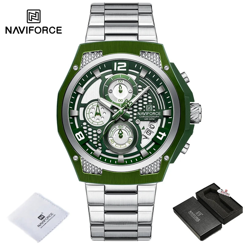 Montres Homme Sport Décontractées Marque NAVIFORCE Chronographe à Quartz Multifonction avec Affichage de la Date Bracelet en Acier Montre-Bracelet Reloj Hombre
