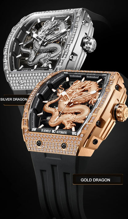 BONEST GATTI Montre automatique homme 43*50mm Tonneau Mécanique Saphir Lumineux Cadran Dragon Bracelet en fluorocarbone