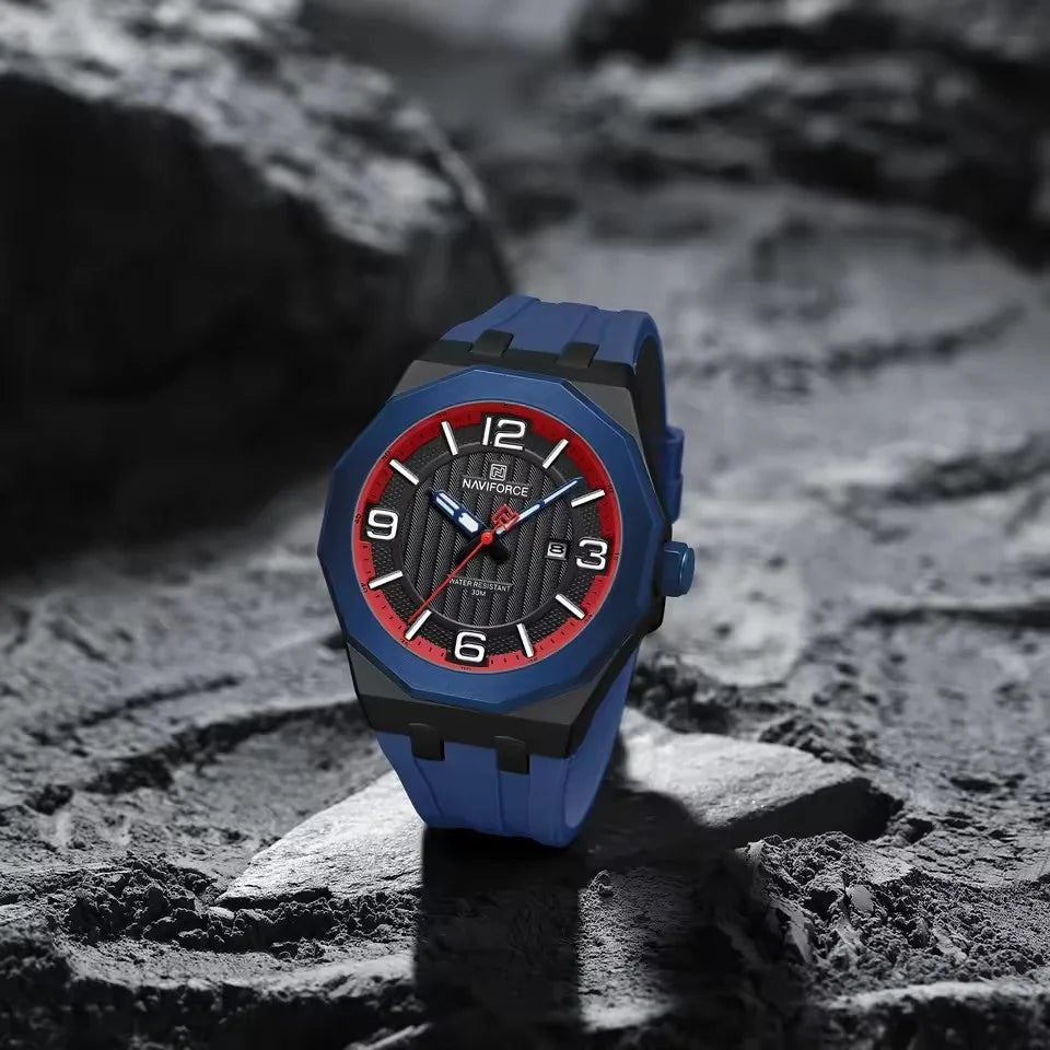 NAVIFORCE 8079 Montre à Quartz Tendance pour Hommes Étanche Veilleuse Calendrier Bracelet en Silicone Montre Décontractée pour Hommes relógios masculino