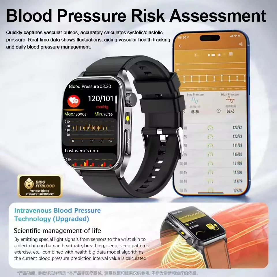 Montre Intelligente de Santé 2026 Thérapie Laser Réduction des Trois Hyper (Tension, Glycémie, Lipides) Oxygène Sanguin Pression Acide Urique ECG Montre Connectée pour Homme