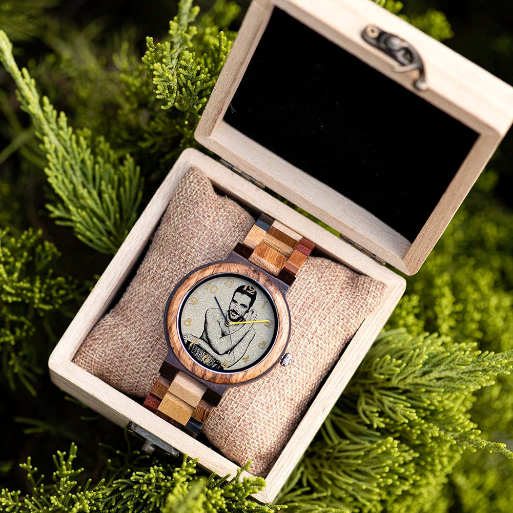 BOBO BIRD Montre Personnalisée Homme Femme Photo Impression Montre-Bracelet en Bois Anniversaire Saint-Valentin Montres Couple Relogio Masculino