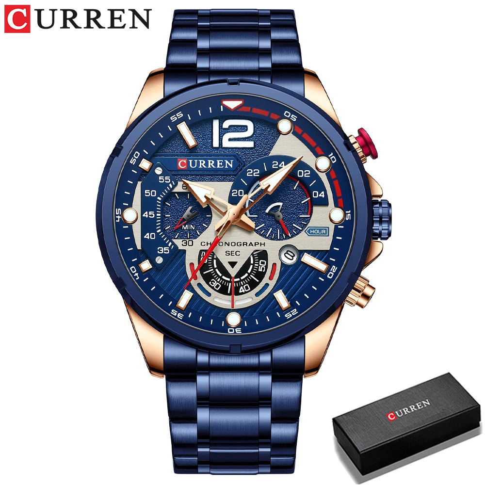 CURREN Montre à quartz mode homme, décontractée, sport, avec cadran chronographe en acier inoxydable et aiguilles lumineuses