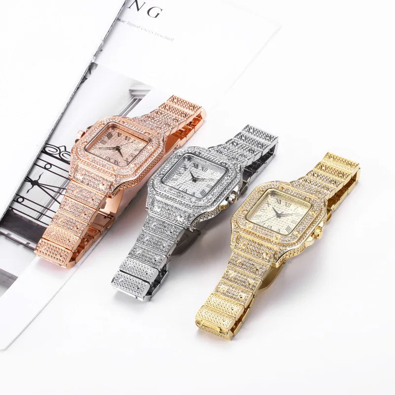 Montres de luxe en diamant pour hommes et femmes, montre en or, montre-bracelet pour dames, montres de luxe en strass, montres-bracelets unisexes, horloge féminine 2024 Nouveau