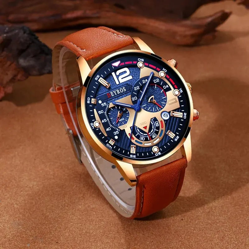 Ensemble 2 Pièces Montres Tendance Homme Calendrier Luxe Masculin Business Décontracté en Cuir Marron Montre à Quartz Homme Bracelet Montre-Bracelet
