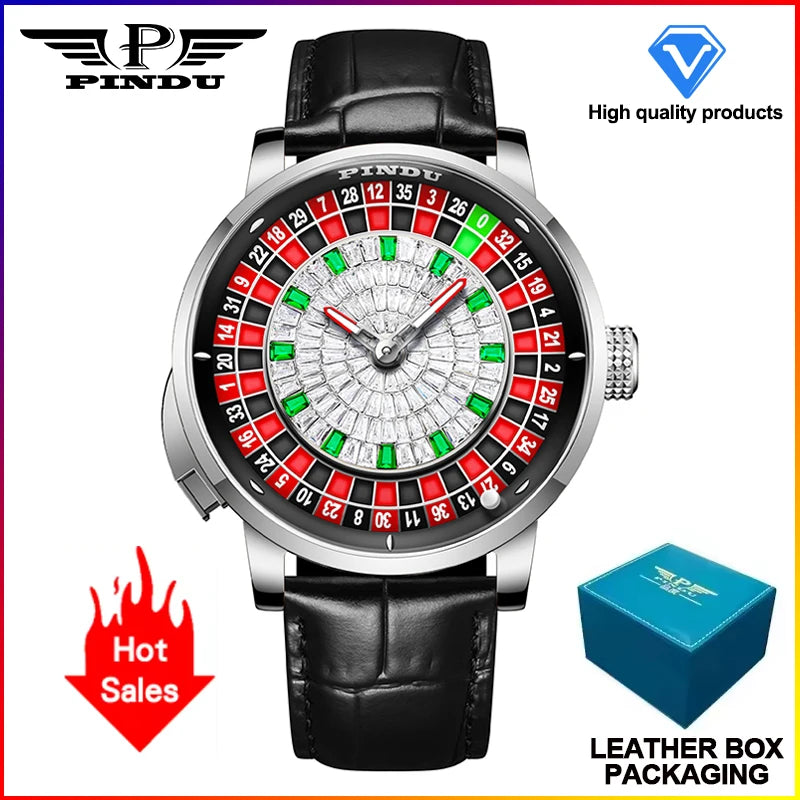 NOUVELLE montre mécanique à cadran rotatif en diamant rouge PINDUI Design avec mouvement NH35 en acier inoxydable, montre automatique de luxe pour hommes