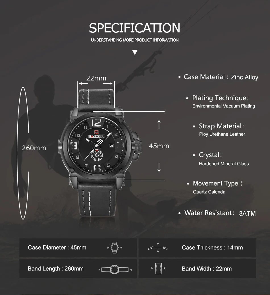 NAVIFORCE Marque de Luxe Homme Sport Militaire Montre à Quartz pour Homme Horloge Analogique Date Bracelet en Cuir Montre-Bracelet Relogio Livraison Gratuite
