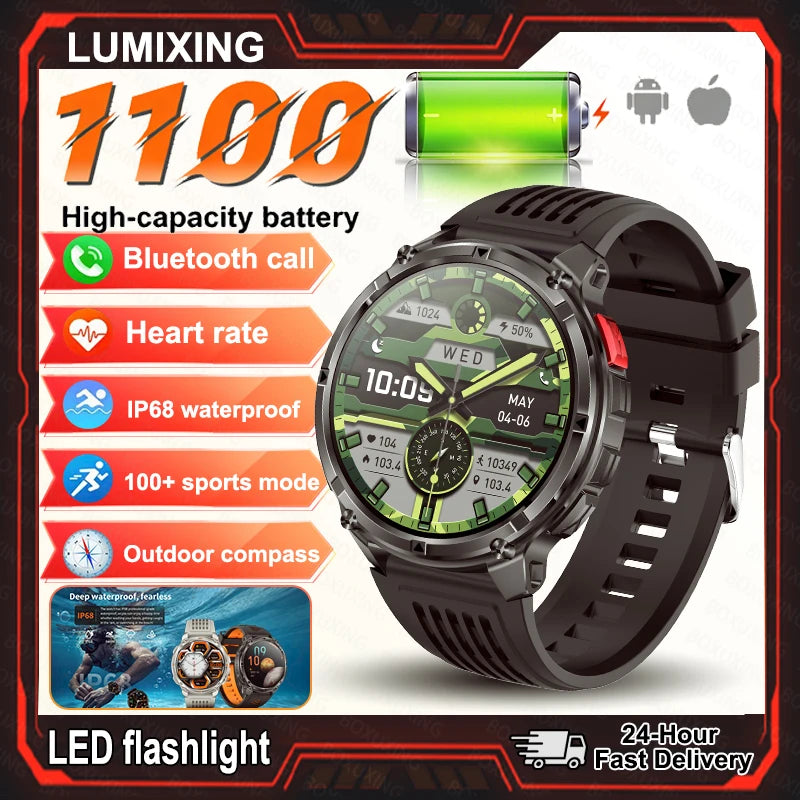 2026 Nouvelle montre connectée ultra-durable de 1100 mAh pour hommes, militaire, extérieure, GPS, boussole, étanche 10 ATM, appel Bluetooth HD, montre connectée de sport