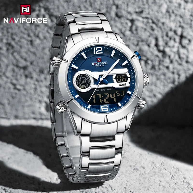 Montre de sport militaire de luxe NAVIFORCE pour hommes, lumineuse, étanche, bracelet en acier, affichage double numérique à quartz, montre-bracelet masculine.