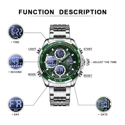 NAVIFORCE Montres-bracelets Homme Sport Décontracté Acier Inoxydable Étanche Lumineux Double Affichage Quartz Montre Horloge Homme Reloj Hombre