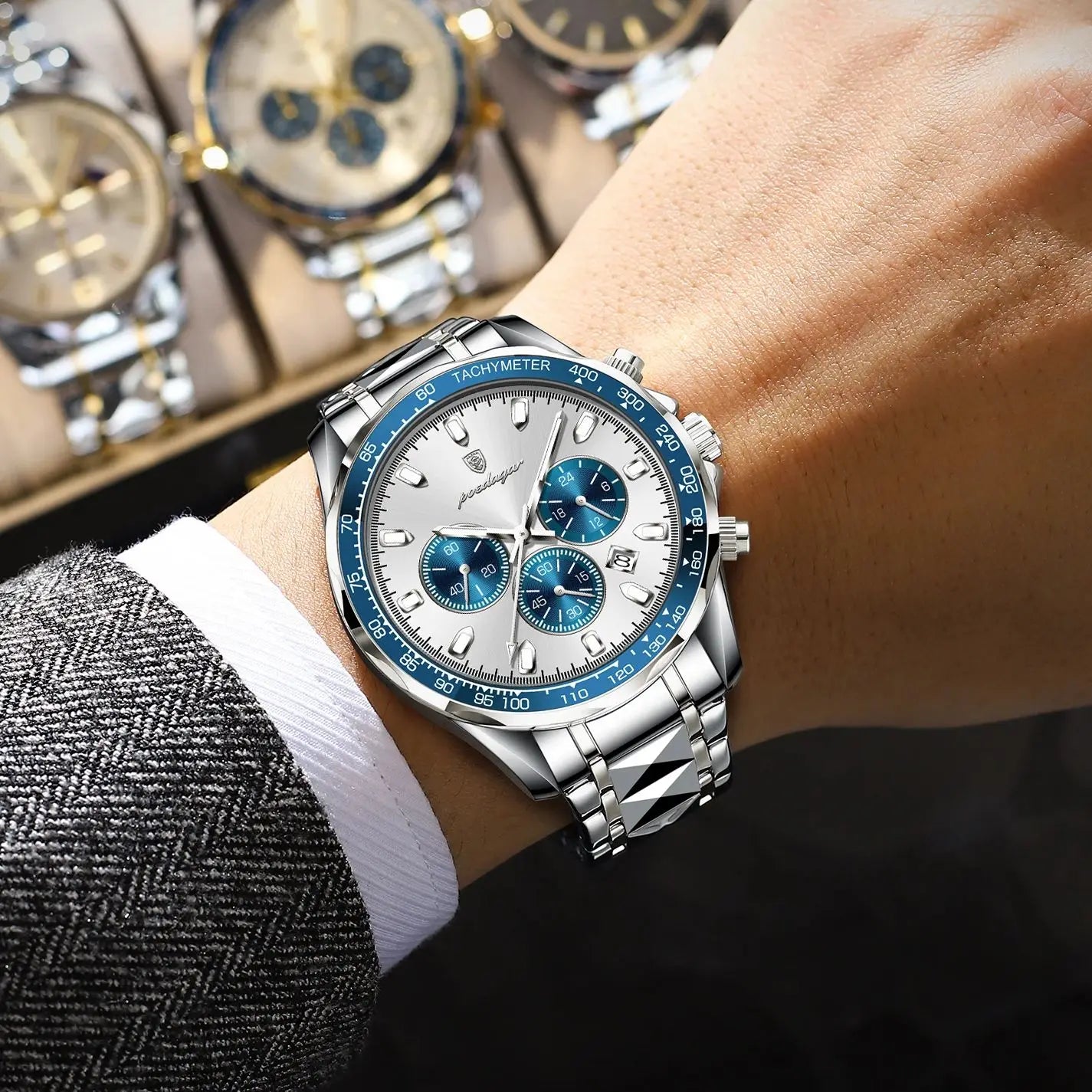 POEDAGAR Montre Homme Luxe Étanche Lumineuse en Acier Inoxydable Montre Chronographe à Quartz avec Date pour Homme d'Affaires