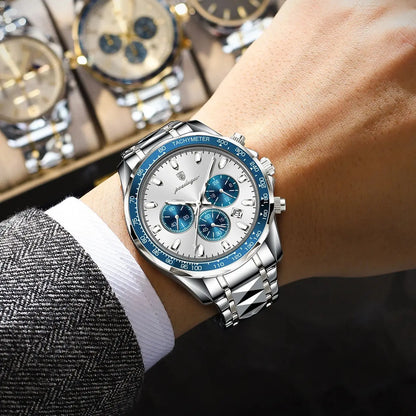 POEDAGAR Montre Homme Luxe Étanche Lumineuse en Acier Inoxydable Montre Chronographe à Quartz avec Date pour Homme d'Affaires