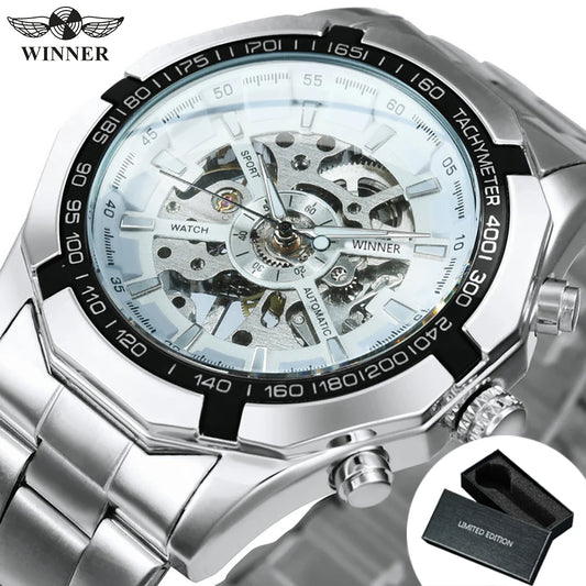 WINNER Classic Skeleton Watch for Men Luminous Hands Mechanical Watches Stainless Steel Strap Luxury Brand Forsining Wristwatch