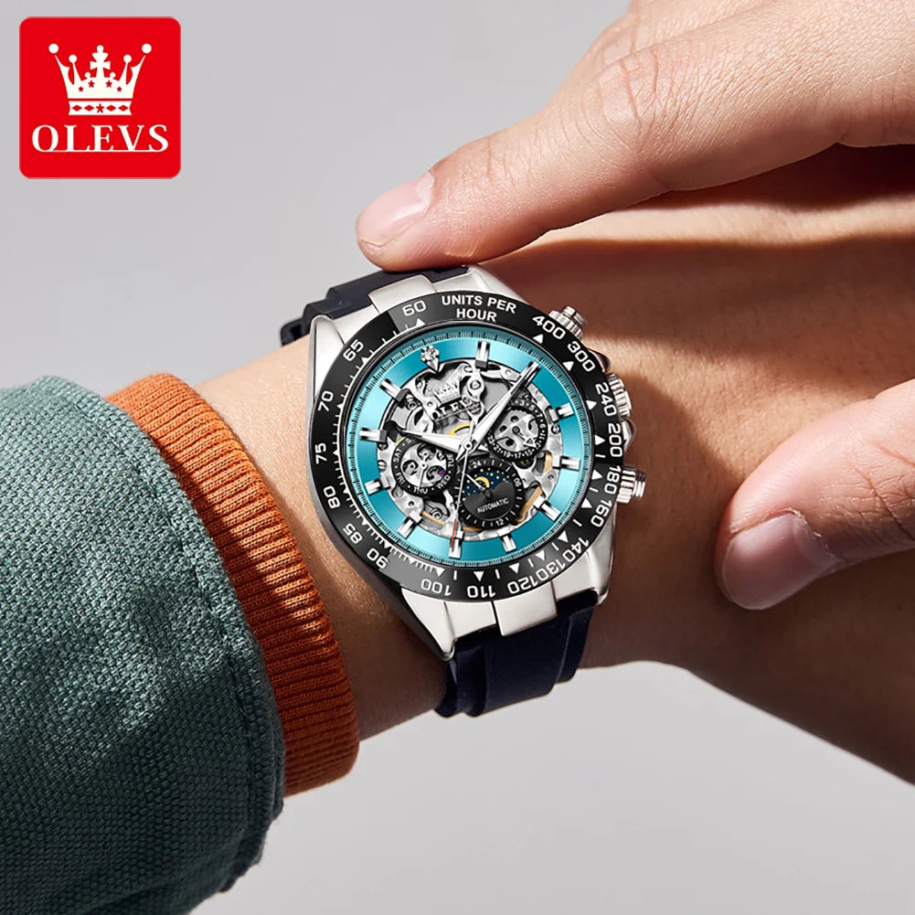 OLEVS 6713 Business Men's Watches Moon Phase Luminous Calendar Skeleton Automatic Mechanical Wristwatch for Man