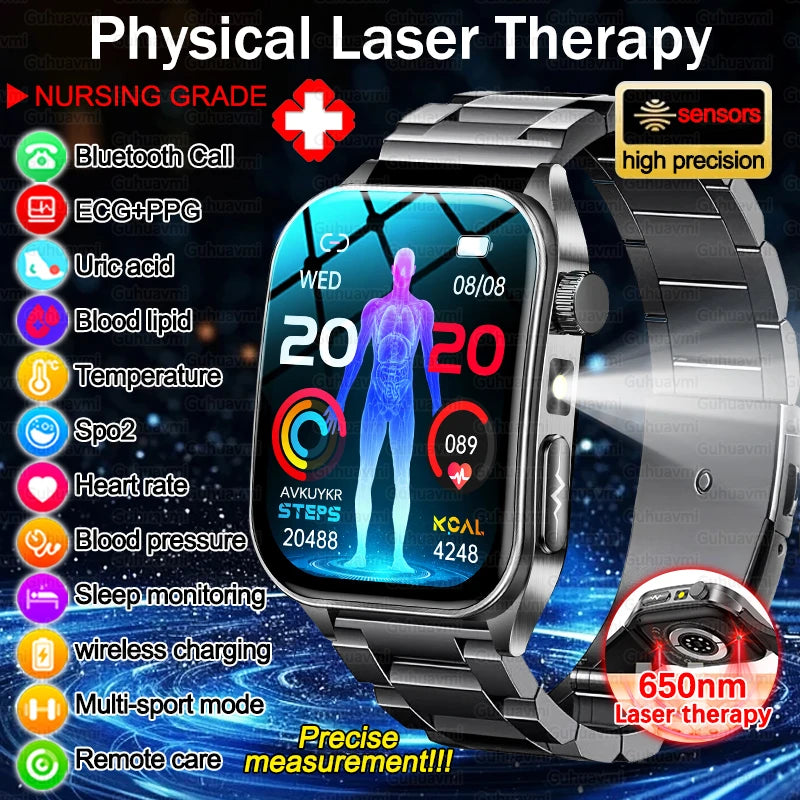 Montre Intelligente de Santé 2026 Thérapie Laser Réduction des Trois Hyper (Tension, Glycémie, Lipides) Oxygène Sanguin Pression Acide Urique ECG Montre Connectée pour Homme