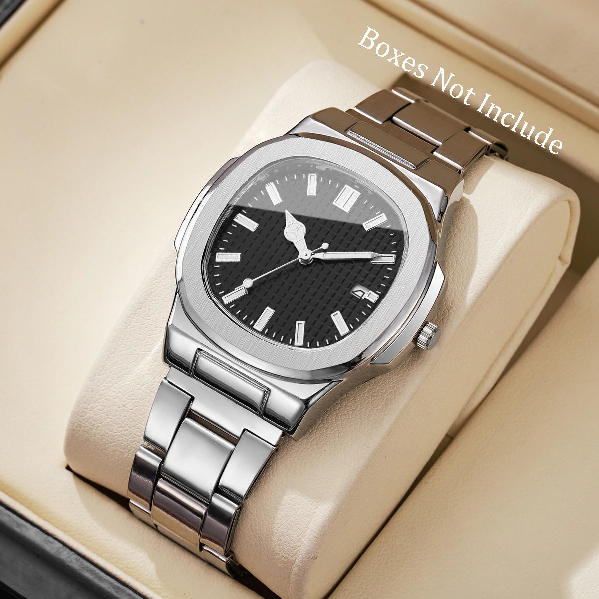 Montre de Luxe pour Homme, Cadran Carré Tendance, Bracelet en Acier Inoxydable, Mouvement à Quartz avec Calendrier (Sans Boîte)