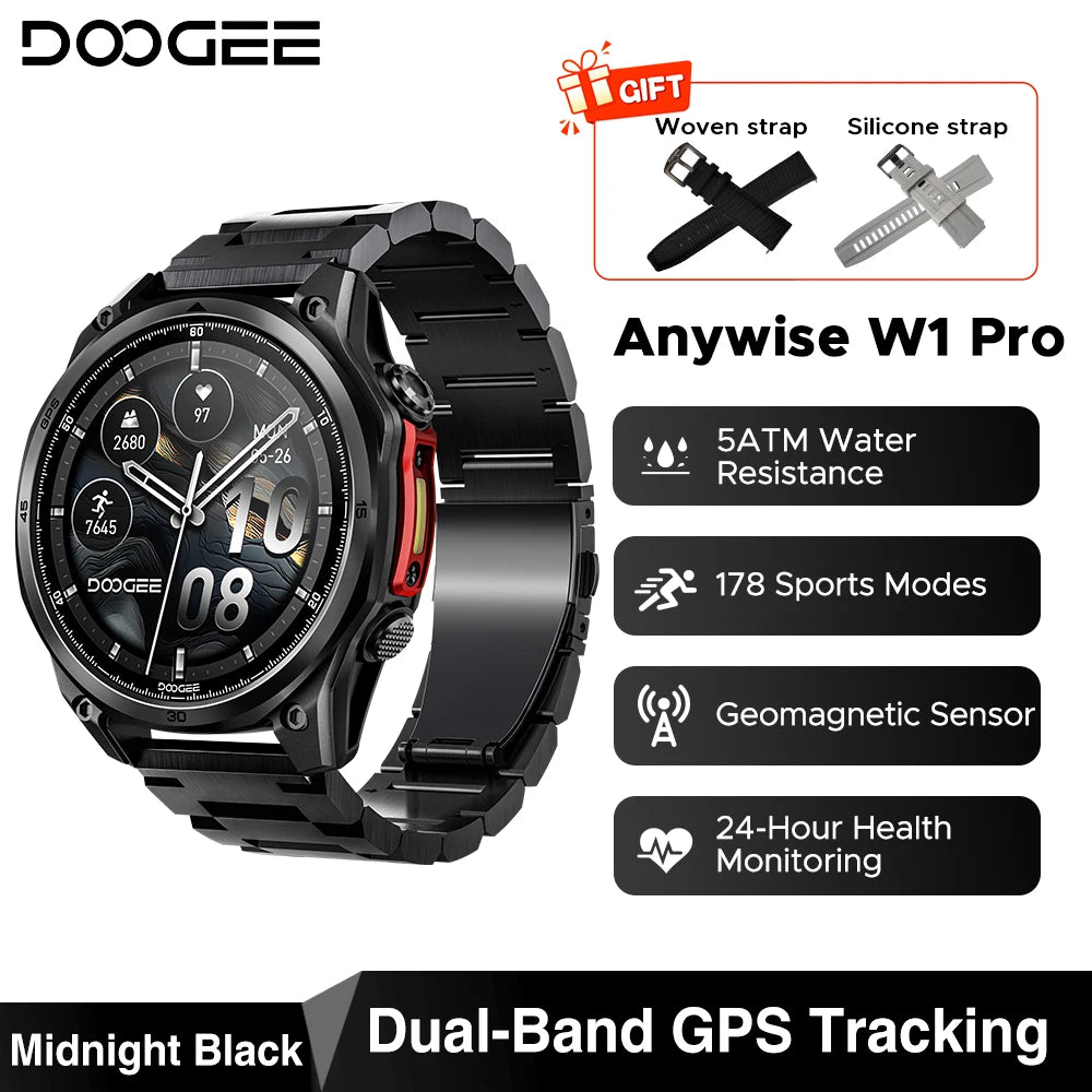 Smartwatch DOOGEE ANYWISE W1 PRO 1,43'' Résistance à l'eau 5ATM 178 modes sportifs Suivi de la santé Capteur géomagnétique Cartes hors ligne