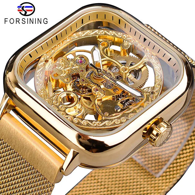 Forsining Montres mécaniques pour hommes, à remontage automatique, dorées transparentes, mode, maille acier, montre-bracelet squelette pour homme, chaude du moment