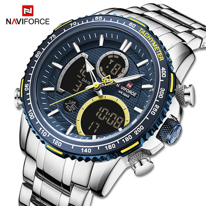 NAVIFORCE Montre Homme Tendance Marque de Luxe Sport Chronographe à Quartz Étanche Militaire en Acier Inoxydable