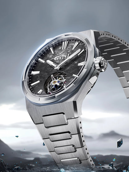 Montre Tourbillon Homme BONEST GATTI 43mm Montre-bracelet Mécanique Verre Saphir Cadran Fibre de Carbone Lumineux en Cristal