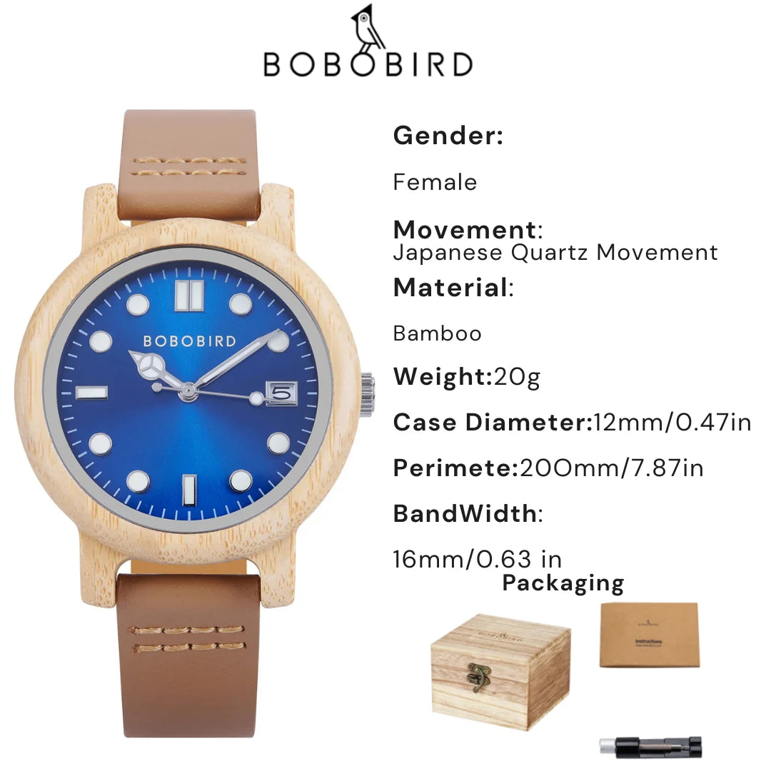 Montre-bracelet en bambou BOBO BIRD pour femme avec bracelet en cuir véritable, naturelle, légère, élégante, cadeau mode pour elle