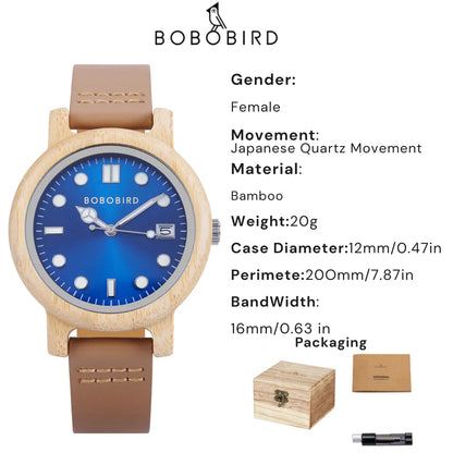 Montre-bracelet en bambou BOBO BIRD pour femme avec bracelet en cuir véritable, naturelle, légère, élégante, cadeau mode pour elle