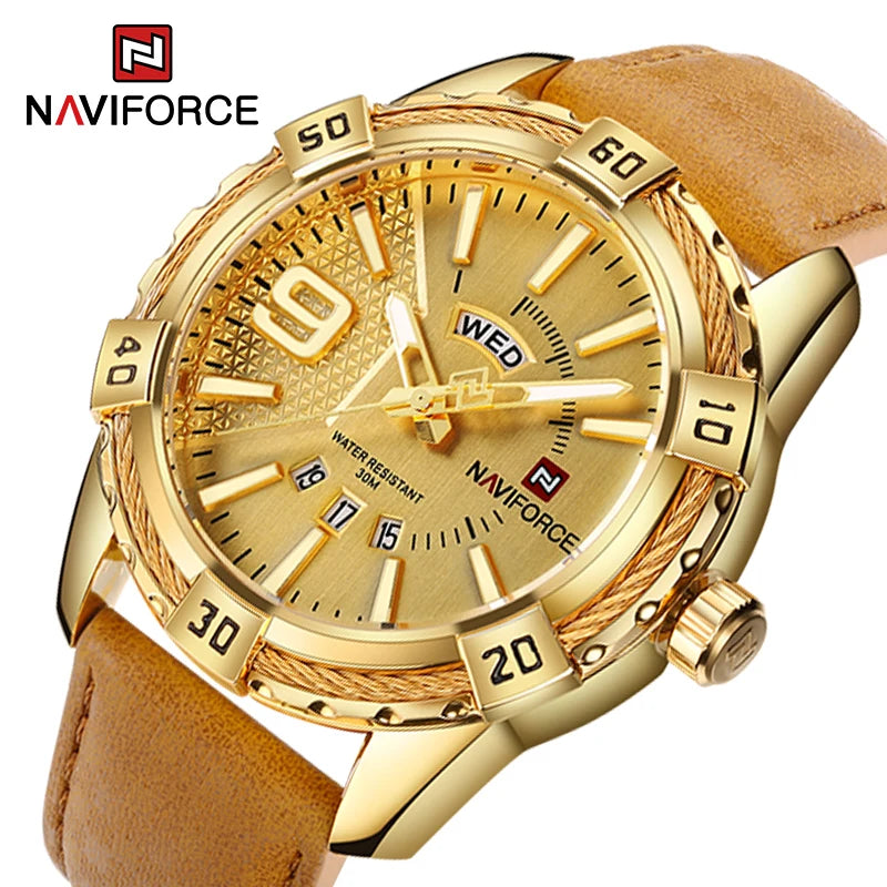 NAVIFORCE Montre Homme Tendance Or Luxe Sport Étanche Militaire Montre-bracelet Affaires Décontracté Bracelet en Cuir Date Horloge 9117