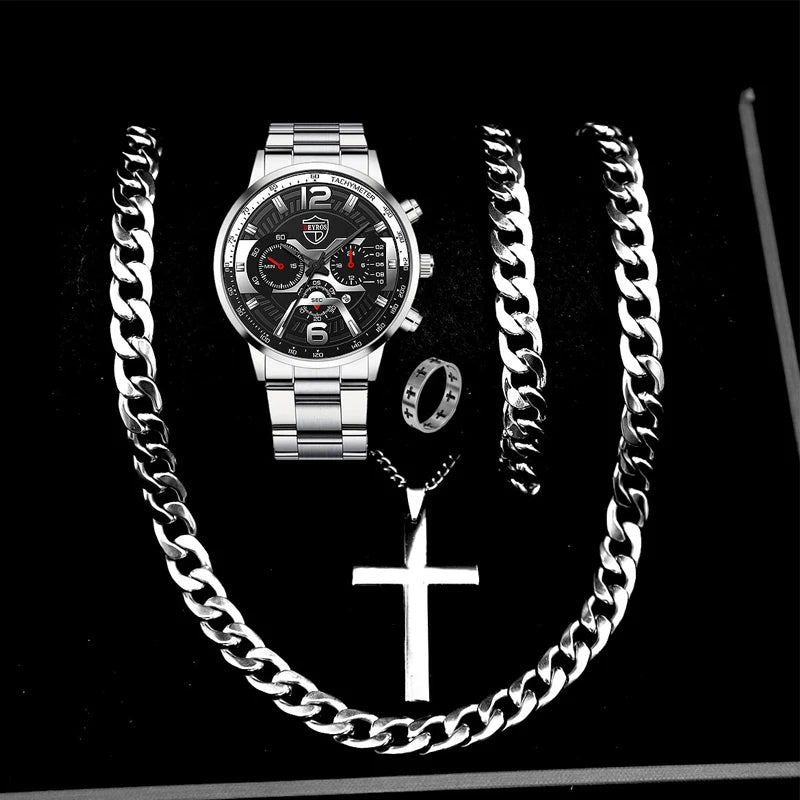 Ensemble 5 pièces DEYROS Montres tendance pour hommes avec calendrier Montres-bracelets à quartz en acier inoxydable pour hommes d'affaires Montre décontractée avec collier et bracelet