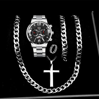 Ensemble 5 pièces DEYROS Montres tendance pour hommes avec calendrier Montres-bracelets à quartz en acier inoxydable pour hommes d'affaires Montre décontractée avec collier et bracelet