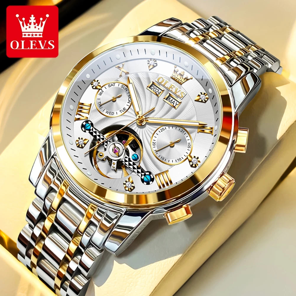 OLEVS 7088 Montre Homme de Luxe Originale Chronographe Date Acier Inoxydable Étanche Montre Mécanique pour Hommes NOUVEAU