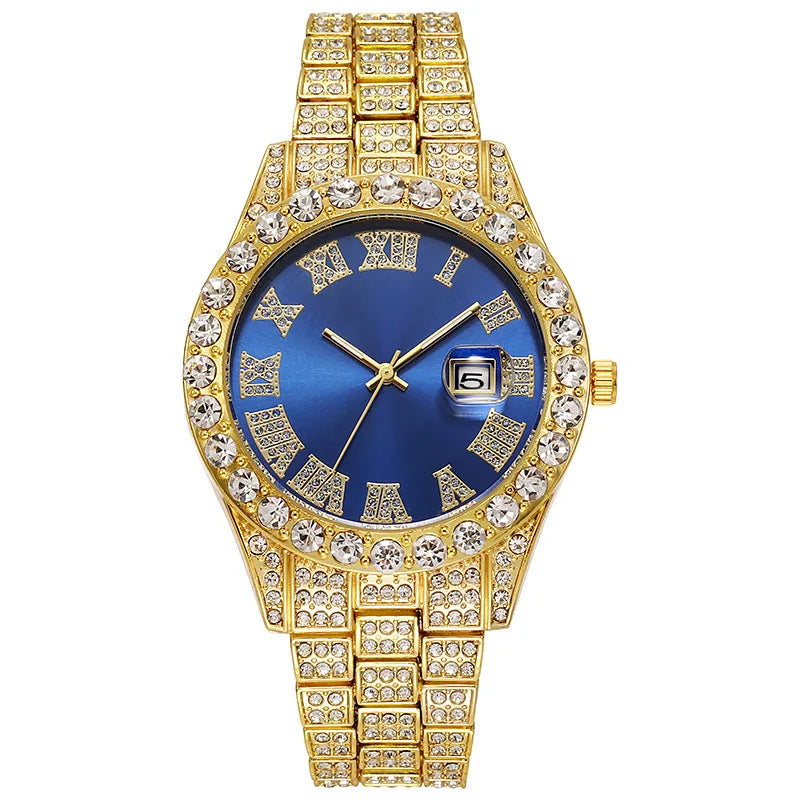 Classic Golden Steel Strap Roman Scale Calendar Watch Relogio Masculino