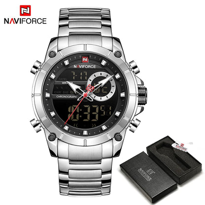 NAVIFORCE 9163 Montre-bracelet de sport de luxe originale pour hommes, mouvement à quartz, étanche en acier, double affichage, montres militaires Relogio Masculino