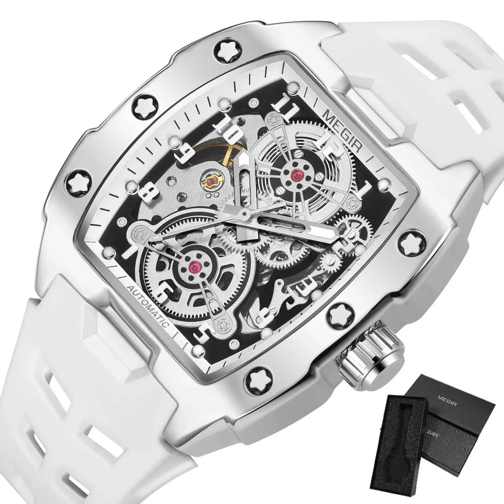 MEGIR Montre Homme Sport Tendance Boîtier Alliage Mécanique Étanche Bracelet Silicone Cadran Tonneau Aiguilles Lumineuses Montres-bracelets Homme