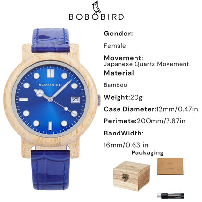 Montre-bracelet en bambou BOBO BIRD pour femme avec bracelet en cuir véritable, naturelle, légère, élégante, cadeau mode pour elle