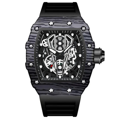 BINBOND Marque Homme Montre Tonneau Dominant Miroir Courbe Surface Creuse Sports Homme Montre-Bracelet Quartz en Silicone B8577