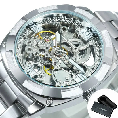 Forsining Montres mécaniques squelettes carrées Mouvement gravé de luxe Montre automatique rétro pour hommes Bracelet en acier Aiguilles lumineuses