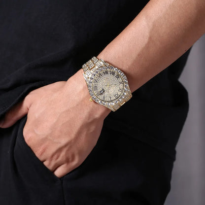Classic Golden Steel Strap Roman Scale Calendar Watch